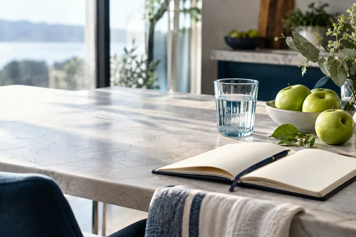 Routine quotidienne avec verre d’eau, carnet vierge et pommes vertes